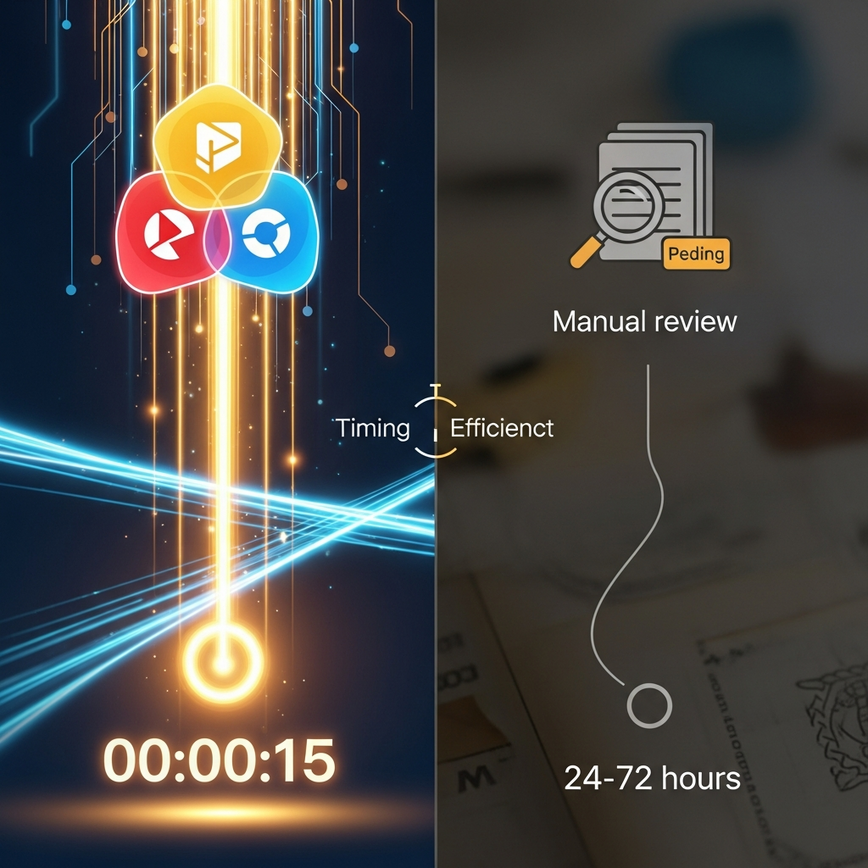 可视化即时/快速支付方式与较慢的手动流程之间的对比，突出现代数字转账的效率。