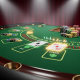 A premium online blackjack table with playing cards laid out, casino chips stacked, and subtle strategic decision cues, representing optimal basic strategy.