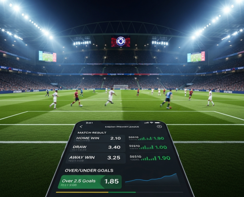 Dynamic EPL football stadium scene with a modern mobile sports betting interface overlayed, showing various match odds and betting markets in a sleek design, representing online football betting in Malaysia.