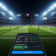 Dynamic EPL football stadium scene with a modern mobile sports betting interface overlayed, showing various match odds and betting markets in a sleek design, representing online football betting in Malaysia.