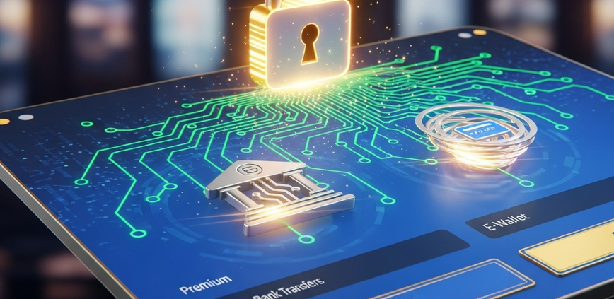 A modern, high-tech digital interface representing a secure online casino payment system in Malaysia, featuring abstract data flow, padlock icons, and subtle casino elements, symbolizing safe deposits and fast withdrawals.