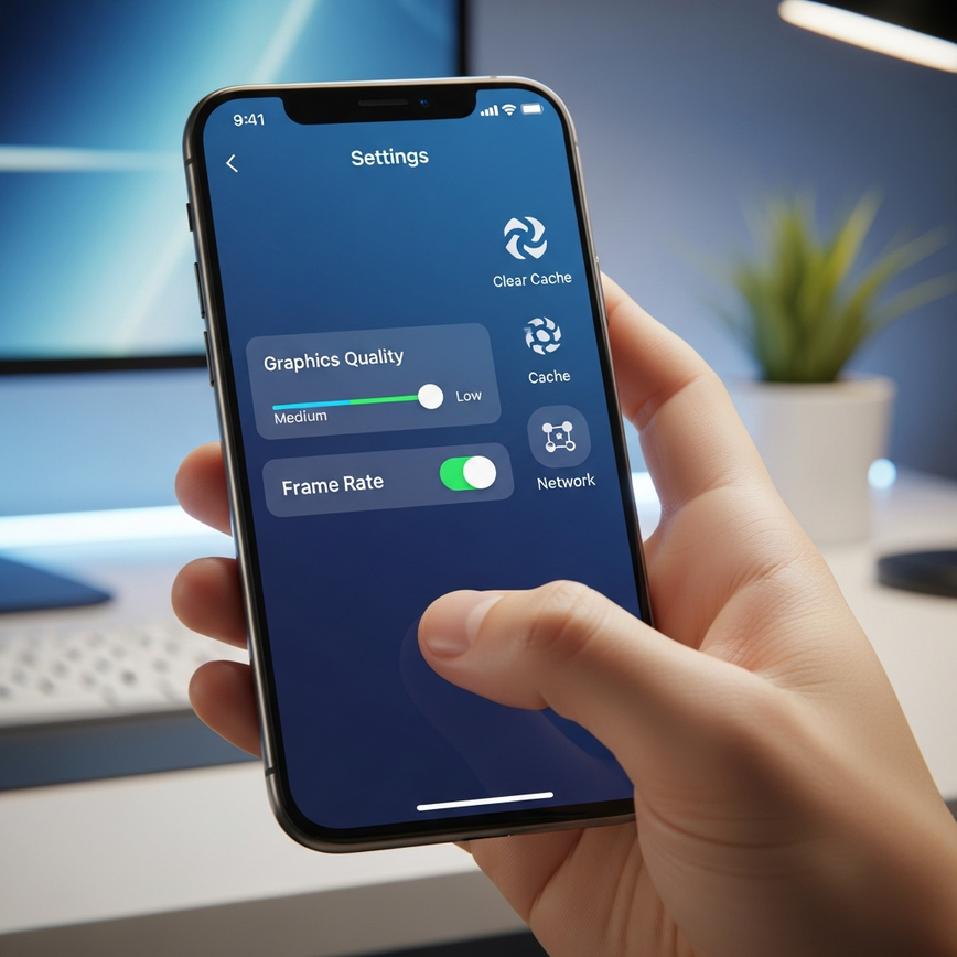 Visualizes the process of optimizing mobile casino performance through device settings and network configuration, showing user interaction.
