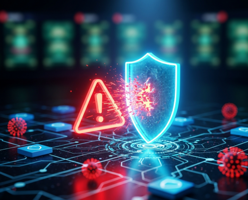 A digital art representation of a cybersecurity threat, with a red malicious data stream attempting to breach a blue-green digital shield over a blurred online casino interface, symbolizing phishing attempts against players.