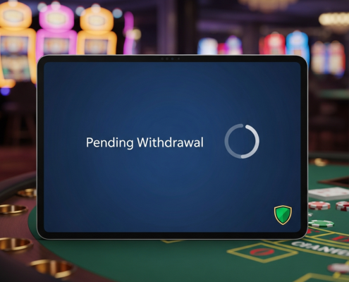 Sleek online casino interface showing a 'Pending Withdrawal' status with security icons and blurred luxury casino background, representing a secure transaction review.