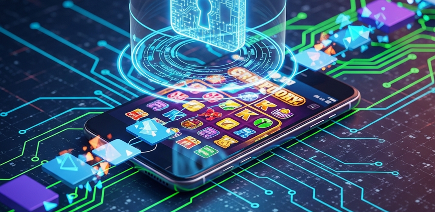 A secure mobile casino interface on a smartphone, surrounded by digital shields, encrypted data streams, and padlock icons, symbolizing robust data protection and safe mobile gaming.