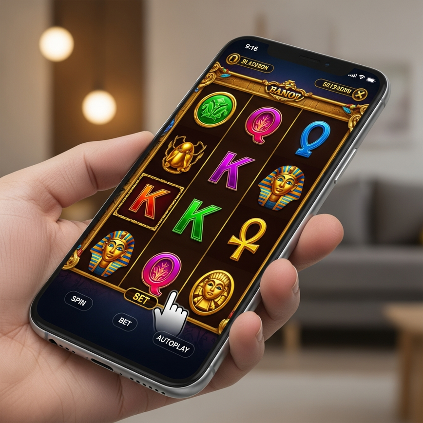 Depicts the convenience and optimized experience of mobile slot gaming in Malaysia, emphasizing the modern smartphone interface.