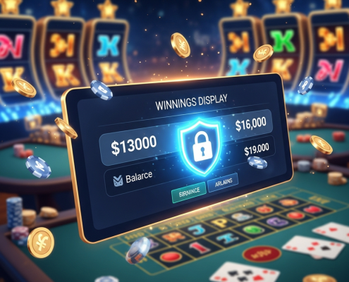 Vibrant online casino interface displaying a large 'Winnings' balance, protected by a glowing digital shield icon, symbolizing secure account management and prevention of lockouts.