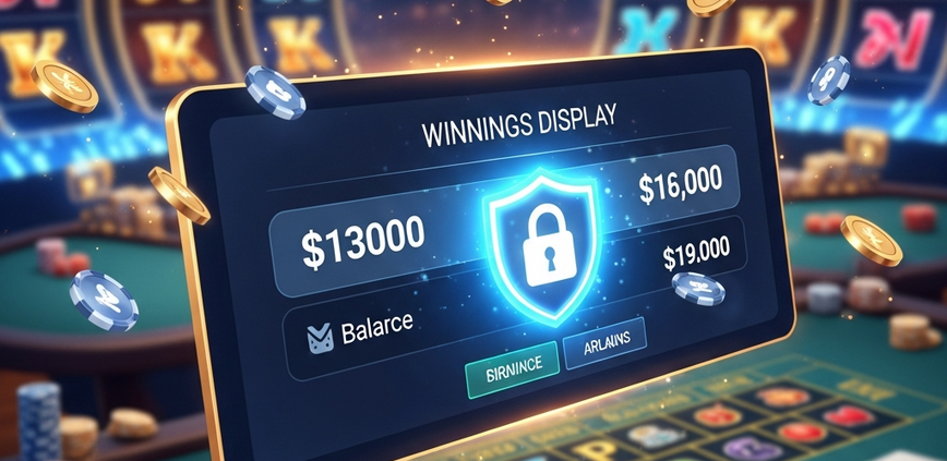 Vibrant online casino interface displaying a large 'Winnings' balance, protected by a glowing digital shield icon, symbolizing secure account management and prevention of lockouts.
