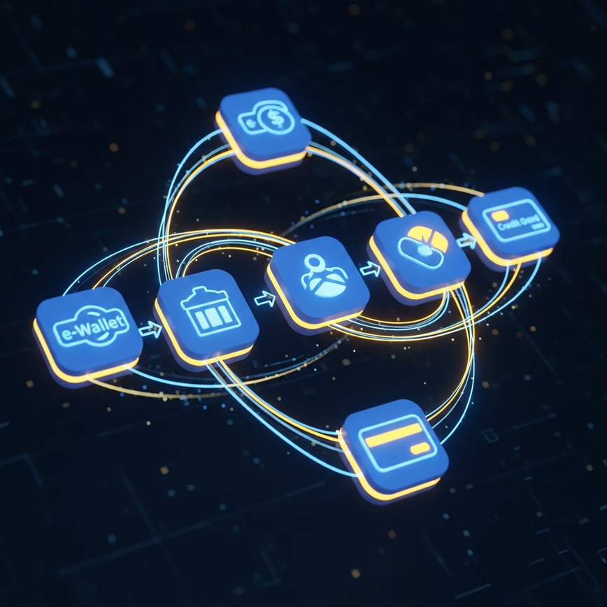 以可视化的方式展示了在线赌场交易中“闭环”支付一致性的概念，并显示了各种通用支付方式。