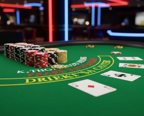 A premium online blackjack game interface showing a player's hand and a dealer's up-card on an emerald green virtual felt table, with virtual chips in the betting area, set against a blurred modern digital casino lobby background.