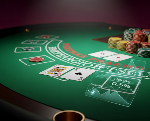 Digital rendering of a premium online blackjack table interface, showcasing cards, virtual chips, and a subtle graphical representation of blackjack odds and house edge calculations.