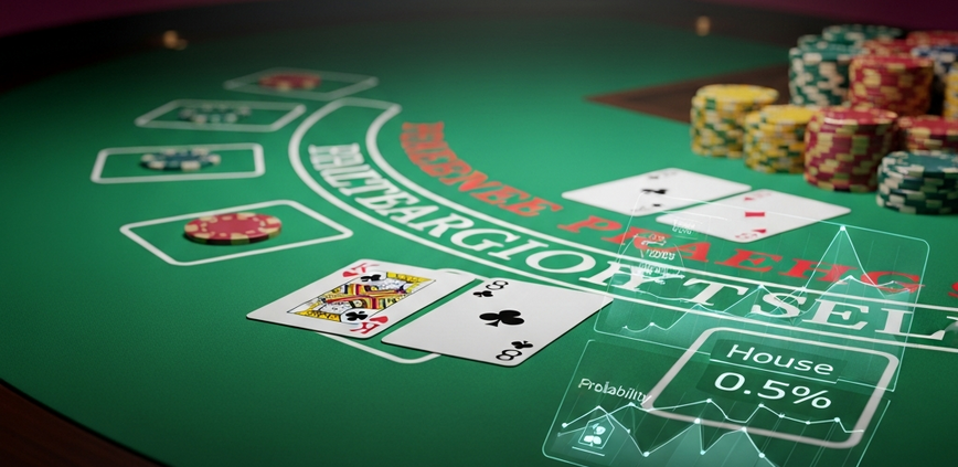 Digital rendering of a premium online blackjack table interface, showcasing cards, virtual chips, and a subtle graphical representation of blackjack odds and house edge calculations.
