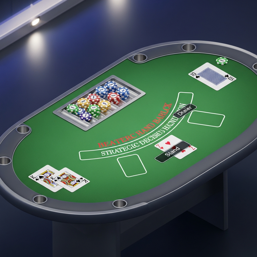 应用基本策略以最大化二十一点胜算的视觉化展示，显示了对硬17点做出最佳‘停牌’决定的情景。