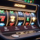 Vibrant online slot machine interface with spinning reels, glowing winning symbols, and subtle secure payment icons, representing the cost of playing online slots in Malaysia.