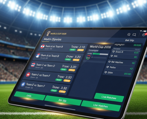 Vibrant online sports betting interface on a premium screen, displaying FIFA World Cup 2026 match odds against a blurred background of a football stadium, representing exciting and smart betting.