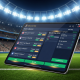 Vibrant online sports betting interface on a premium screen, displaying FIFA World Cup 2026 match odds against a blurred background of a football stadium, representing exciting and smart betting.