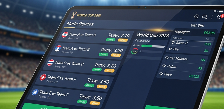 Vibrant online sports betting interface on a premium screen, displaying FIFA World Cup 2026 match odds against a blurred background of a football stadium, representing exciting and smart betting.