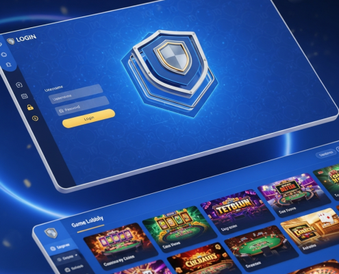 Sleek, secure online casino platform interface with a digital shield icon, representing the battle-tested security and trustworthiness of an established operator with over 10 years of experience.