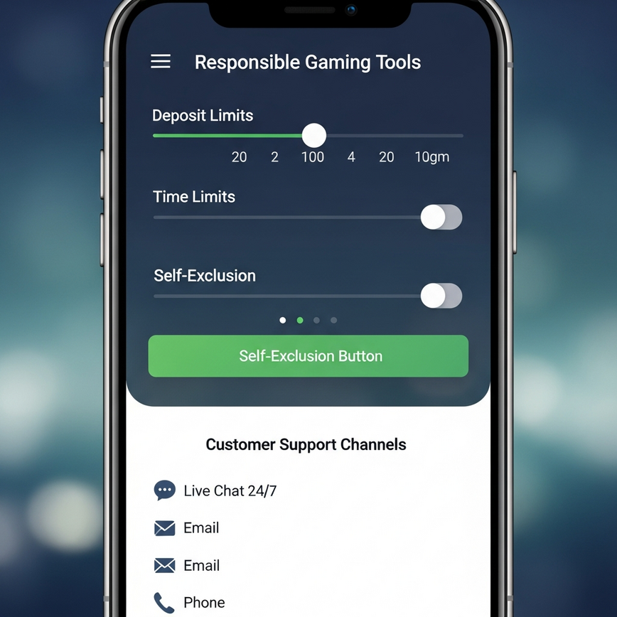 Depicts responsible gaming self-protection tools and accessible customer support options on a mobile casino interface.