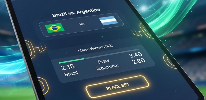 Modern online football betting interface on a mobile device, showing a match fixture, odds, and a 'Place Bet' button, with a blurred football stadium and '2026' in the background, symbolizing World Cup betting for beginners.