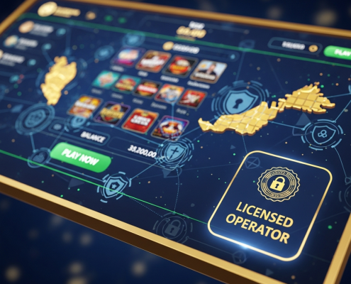 A premium online casino interface displaying a prominent 'Licensed Operator' badge, with abstract security symbols and a subtle map of Malaysia in the background, symbolizing secure and regulated online gaming.