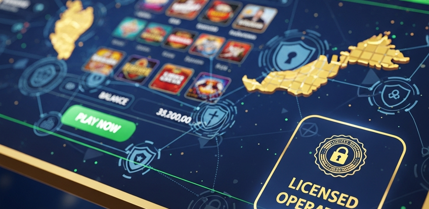 A premium online casino interface displaying a prominent 'Licensed Operator' badge, with abstract security symbols and a subtle map of Malaysia in the background, symbolizing secure and regulated online gaming.