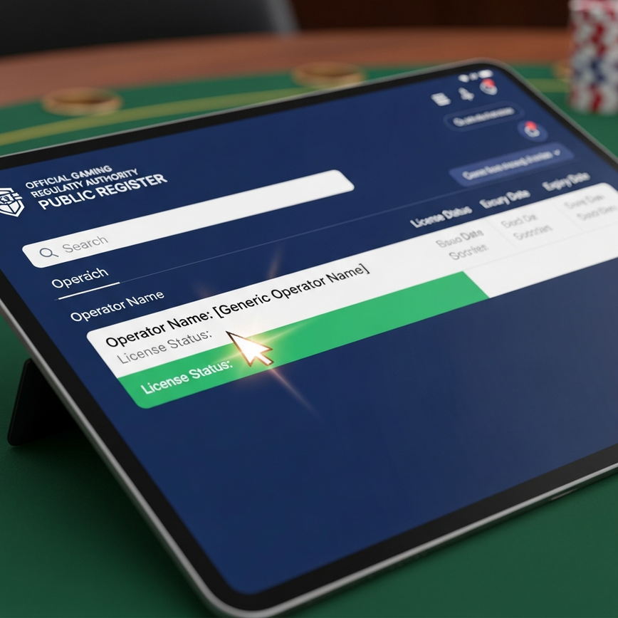Illustrates the step-by-step process of verifying an online casino license using an official regulatory database.