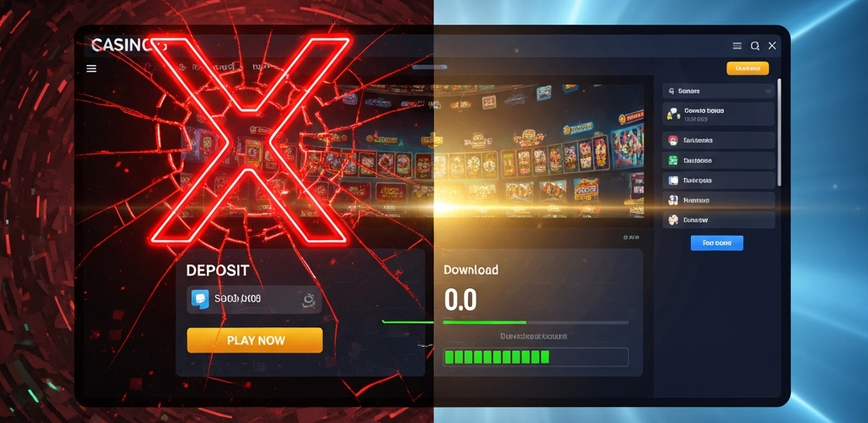 Visual representation of online casino scam red flags contrasted with a secure, legitimate online gaming platform, featuring warning signs and security symbols.