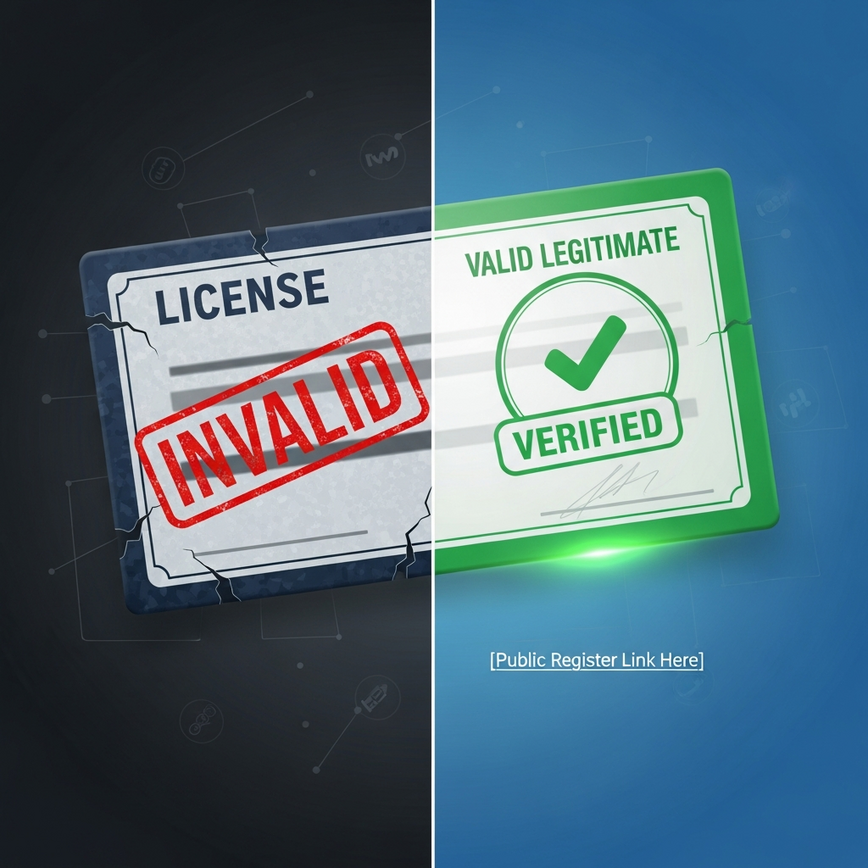 Illustrates the critical difference between a fake/missing gaming license and a verifiable, legitimate one, emphasizing the first red flag.