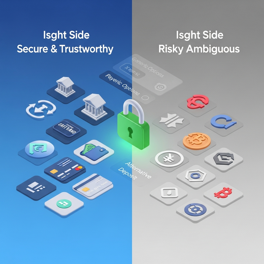 Depicts the contrast between secure, diverse payment methods offered by legitimate casinos and the limited, untraceable options often found on scam sites.