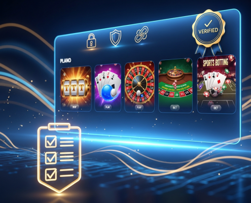 A glowing 'Verified' badge and security icons overlaid on a sleek online casino interface, symbolizing legitimacy and trust in online gaming platforms.