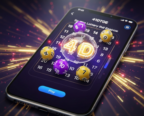 Vibrant mobile app interface for online 4D lottery with virtual lottery balls and winning numbers displayed, representing secure and convenient gaming in Malaysia.