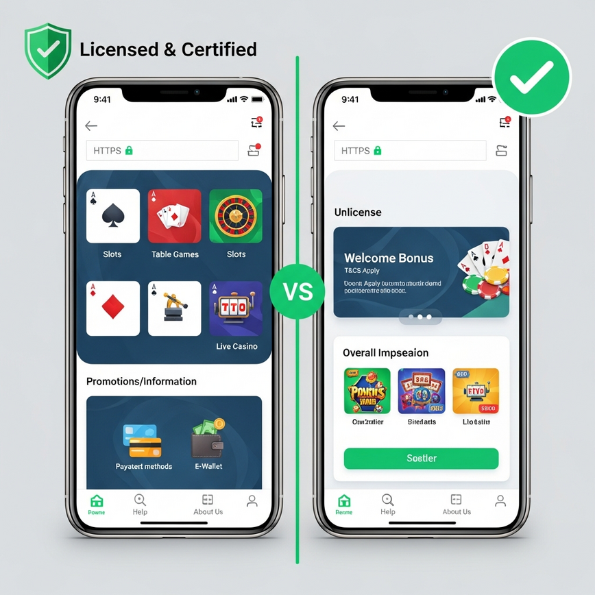 Visually contrasts a licensed, trustworthy online casino with an unlicensed, risky one, highlighting red flags and verification steps for Malaysian players to make informed decisions.