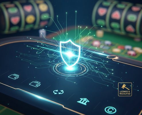 Vibrant and sleek online casino interface featuring a prominent glowing security shield, surrounded by abstract digital data flow, generic secure payment icons, and subtle game elements, conveying trust and reliability.