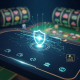 Vibrant and sleek online casino interface featuring a prominent glowing security shield, surrounded by abstract digital data flow, generic secure payment icons, and subtle game elements, conveying trust and reliability.