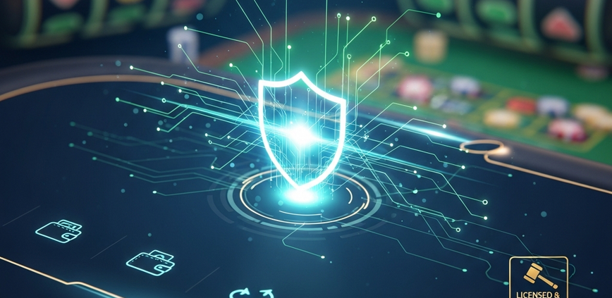 Vibrant and sleek online casino interface featuring a prominent glowing security shield, surrounded by abstract digital data flow, generic secure payment icons, and subtle game elements, conveying trust and reliability.