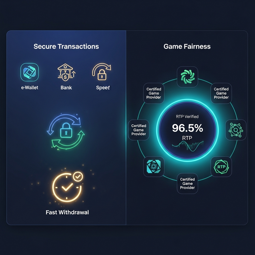 Visualizes transparent financial operations, fast withdrawals, and the assurance of fair play from certified game providers.