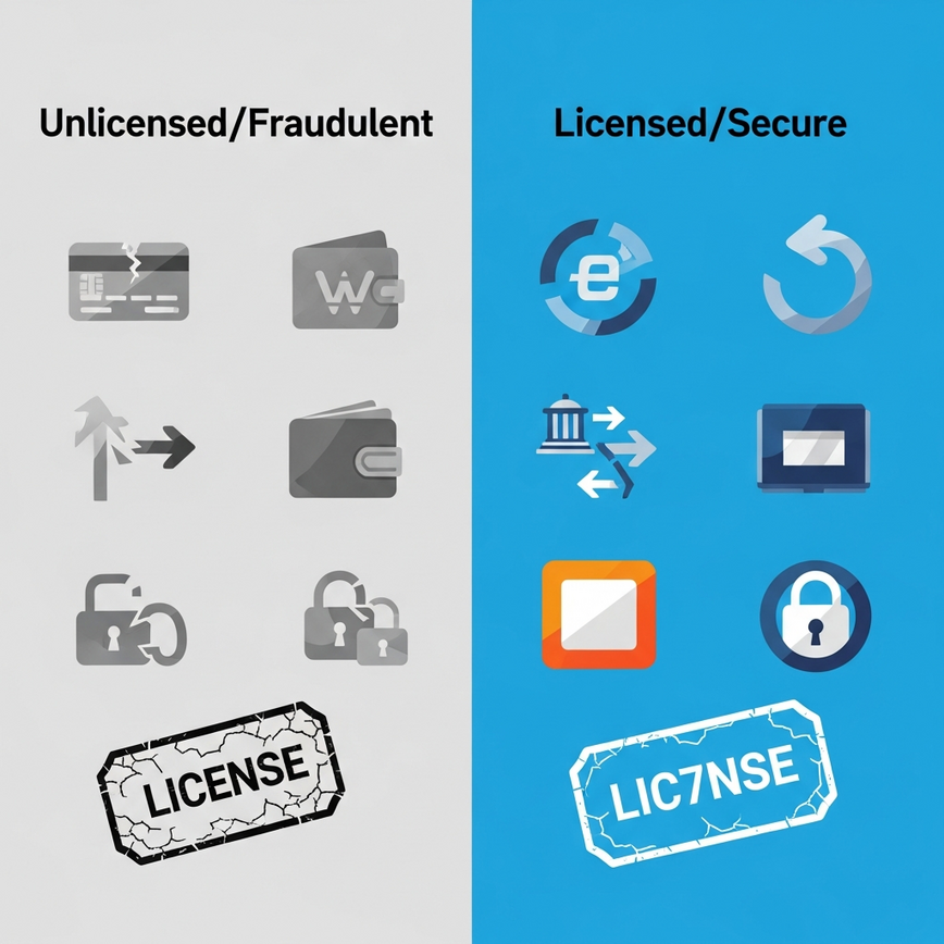 Compares legitimate, licensed online casinos with fraudulent ones by highlighting secure payment methods and verifiable licenses versus sketchy options and fake badges.