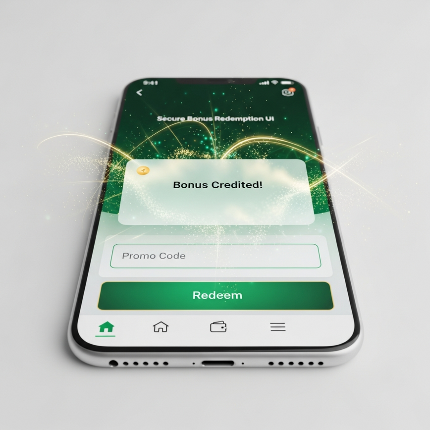 Visualizes the secure, step-by-step process of redeeming a legitimate bonus code on an online casino platform.