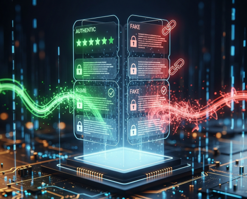 Holographic digital interface analyzing online casino reviews, with authentic reviews glowing green and fake reviews glowing red, set against a secure, high-tech background, symbolizing verification and trust.