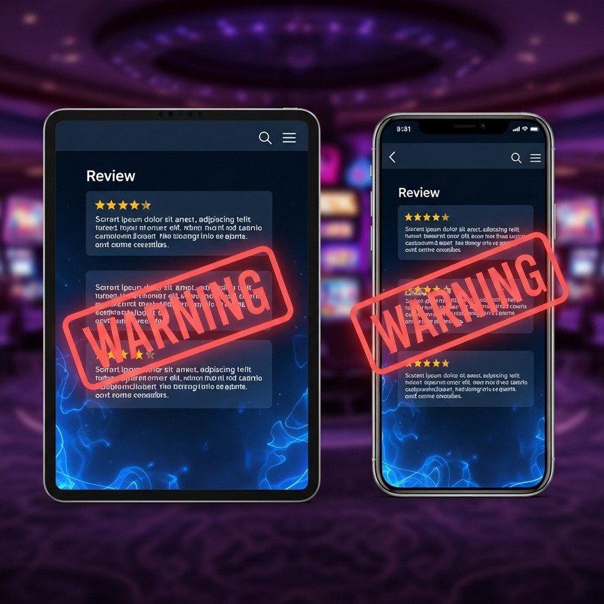 Illustrates the concept of 'red flags' in fake reviews, specifically showing identical phrasing across multiple platforms.