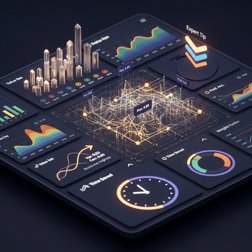 Illustrates the 'Professional Betting Services' section, highlighting expert analysis, advanced tips, and time efficiency through a sophisticated data dashboard.