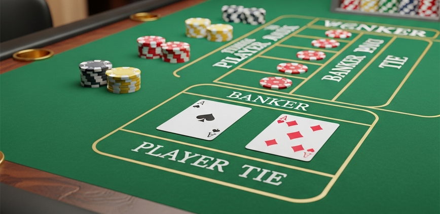 Elegant online baccarat table interface with playing cards dealt for Player and Banker hands, virtual casino chips on the betting areas, set in a premium digital casino environment, illustrating a beginner's guide to baccarat.