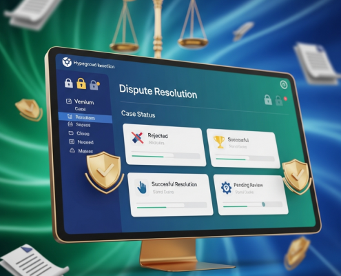 Digital interface of an online casino dispute resolution portal with abstract legal symbols, secure padlock icons, and verification badges, conveying trust and formal resolution.