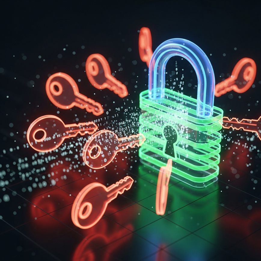 展示了常见的黑客攻击方法，如凭证填充和社会工程学，图中抽象的数字密钥正试图破解一个安全的登录界面。