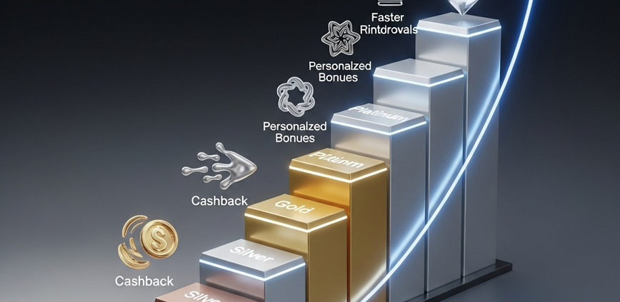A luxurious, hyper-realistic 3D render of an online casino VIP loyalty program dashboard, showcasing ascending tiers with glowing reward icons for cashback, faster withdrawals, and exclusive bonuses, set against a sophisticated digital background.