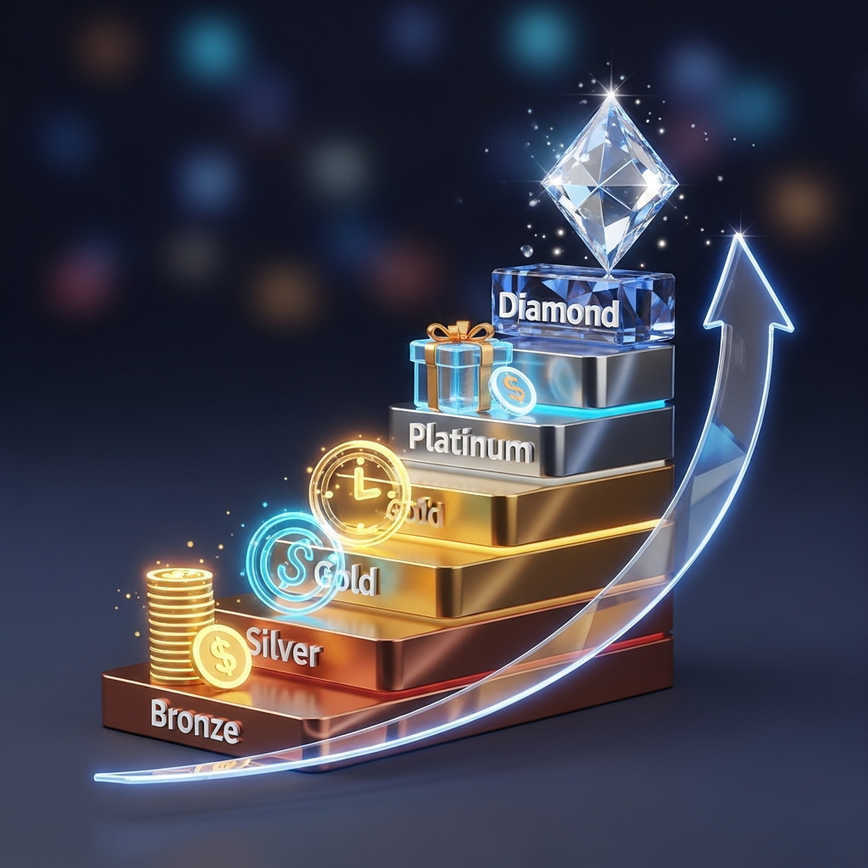 Illustrates the tiered structure and progression of VIP programs, showing how players advance through levels to unlock greater rewards.