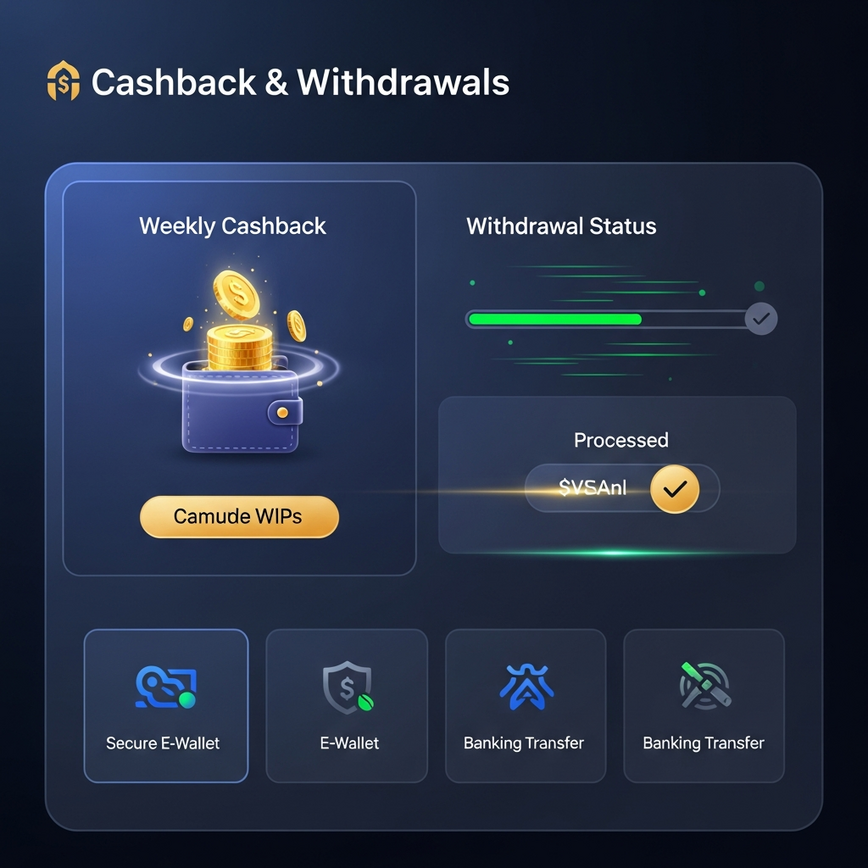 Visualizes the benefits of cashback and enhanced banking privileges, such as fast withdrawals, within a VIP program.