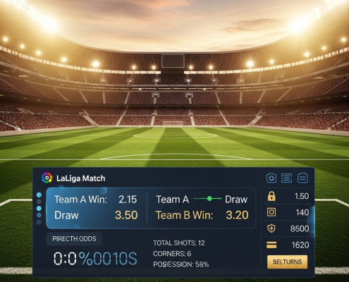 Vibrant, empty Spanish football stadium at dusk with a transparent overlay of a sleek online sports betting interface showing La Liga odds and statistics.