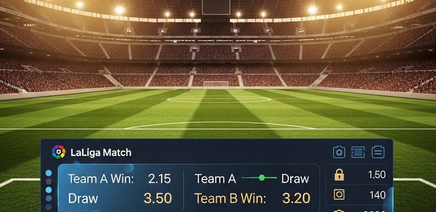 Vibrant, empty Spanish football stadium at dusk with a transparent overlay of a sleek online sports betting interface showing La Liga odds and statistics.